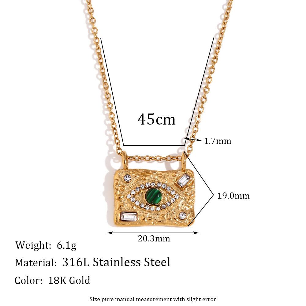 Sarena Malachite Eye Jewelry Set - Malachite Eye Zircon Rhinestone Square Pendant Necklace - Gold [TP8JR41K]