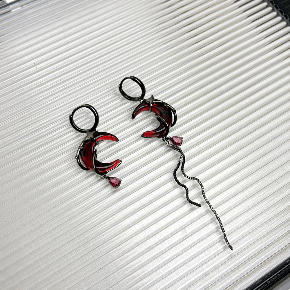 Shalom Red Zircon Crescent Earrings - Crescent Tassel Earrings [5GSK179B]