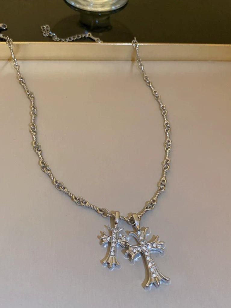 Scarlet Twin Cross Necklace - Double Cross Necklace (Silver)