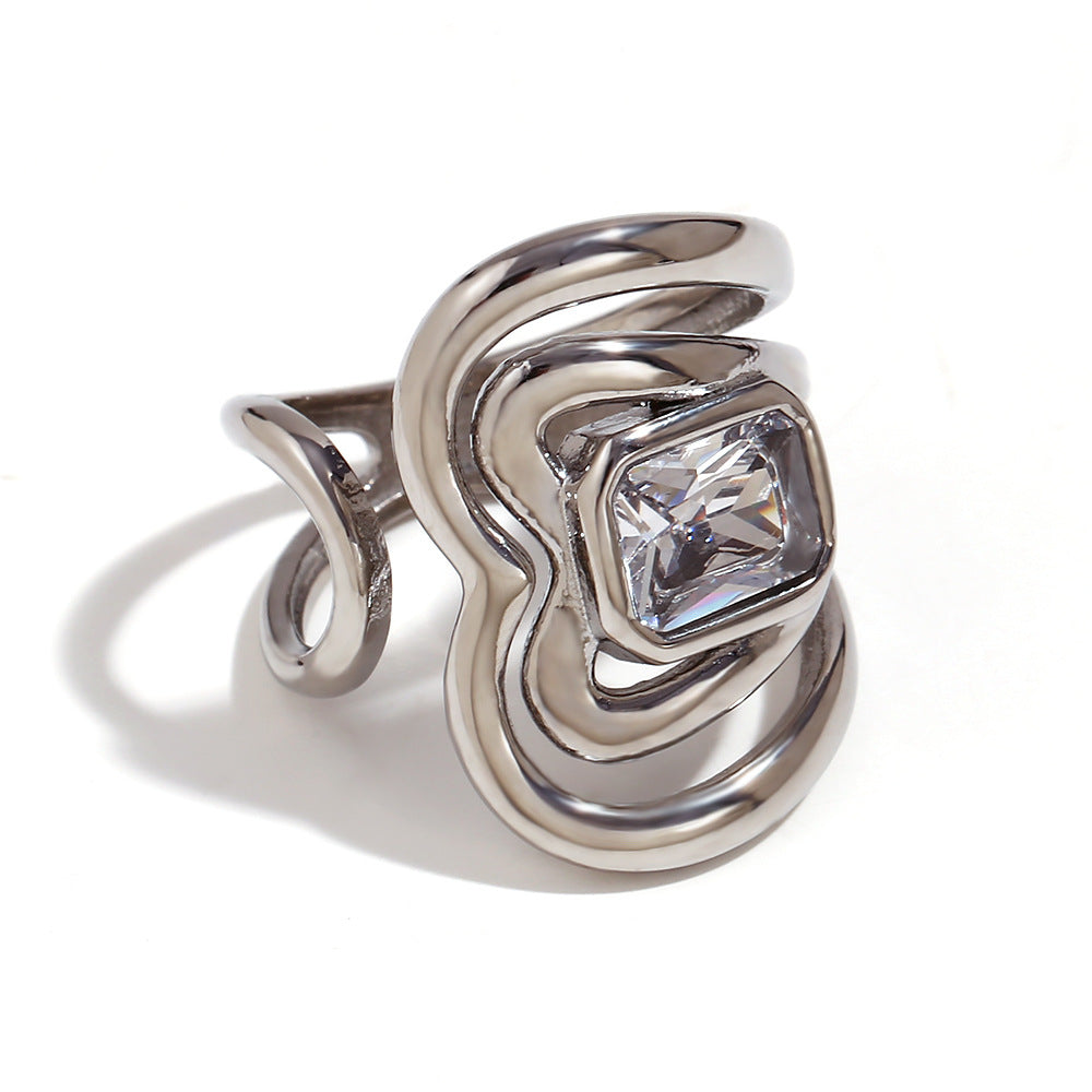 Avri Geometric Ring Collection - Wrapped Line Rectangular Zircon Open Ring - Silver [D94K3AAK]