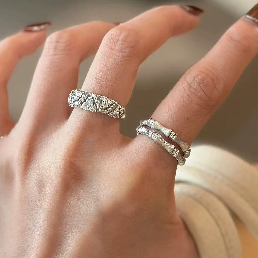 Roselyn Bamboo Sparkle Ring - Silver Bamboo Textured Adjustable Ring