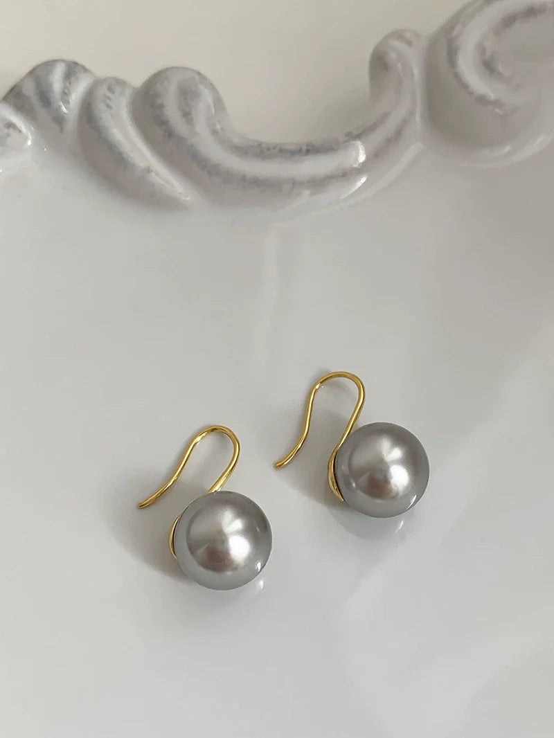 Oriana Pearl Drop Earrings - Silver Grey Pearl 10mm (Gold Hook)
