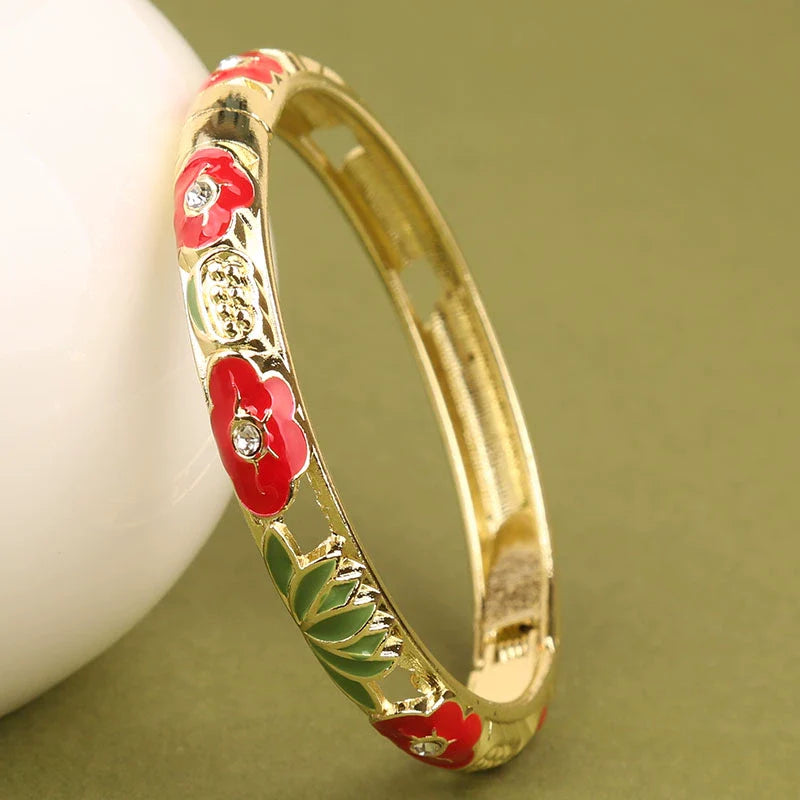 Sunshine Lotus Enamel Bracelet - Red Flower Green Lotus