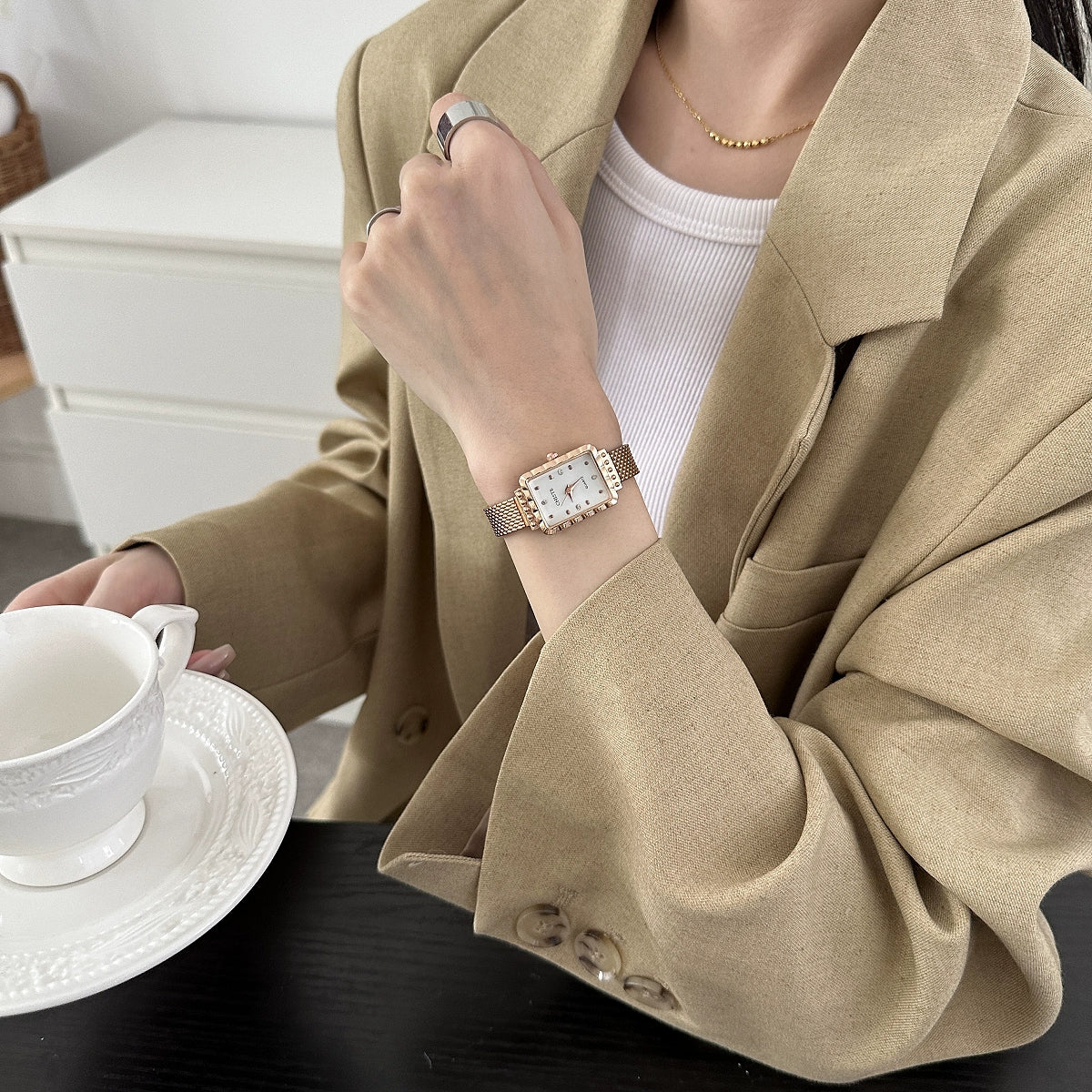 Avarose Elegant Rectangular Watch - Gold Band White Dial [G1M58GD4]