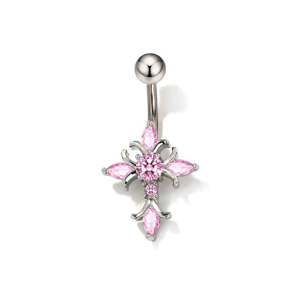 Adya Zircon Cross Belly Ring - Pink (Platinum Plated) [V3W2PPC8]