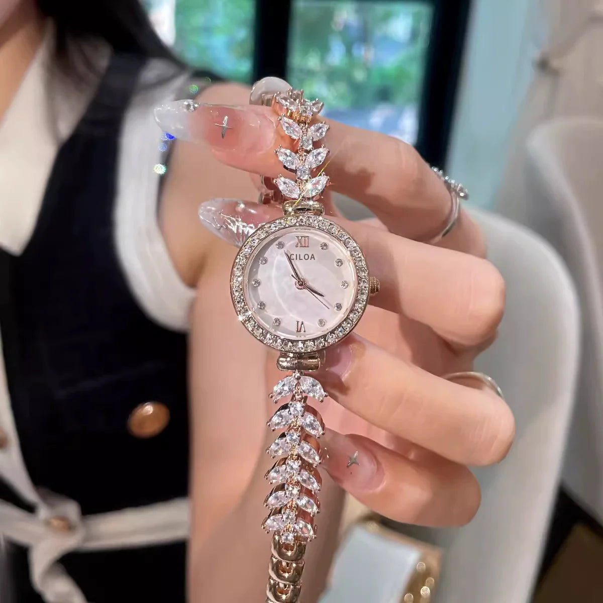 Daysha Rhinestone Mermaid Watch - Rose Gold White Dial Mermaid Tail