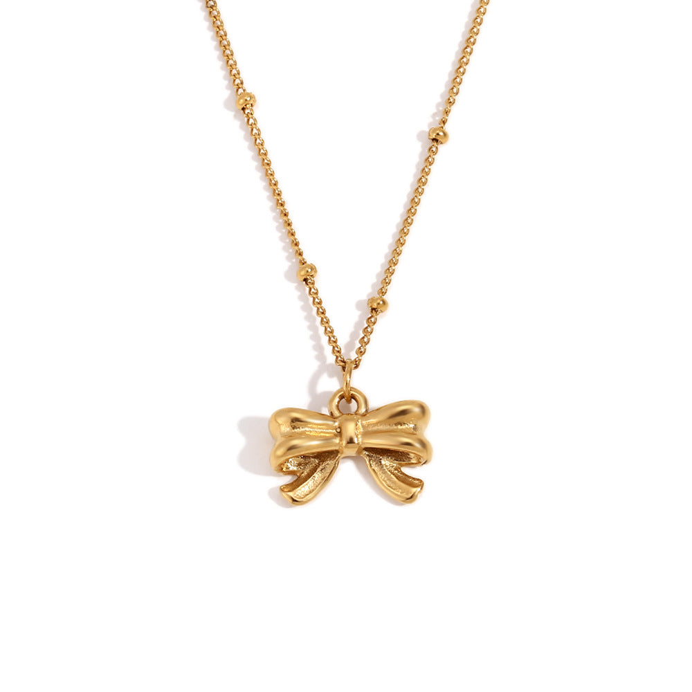America Dainty Bow Set - Beaded Chain Bow Pendant Necklace - Gold [JJQCGV6Y]