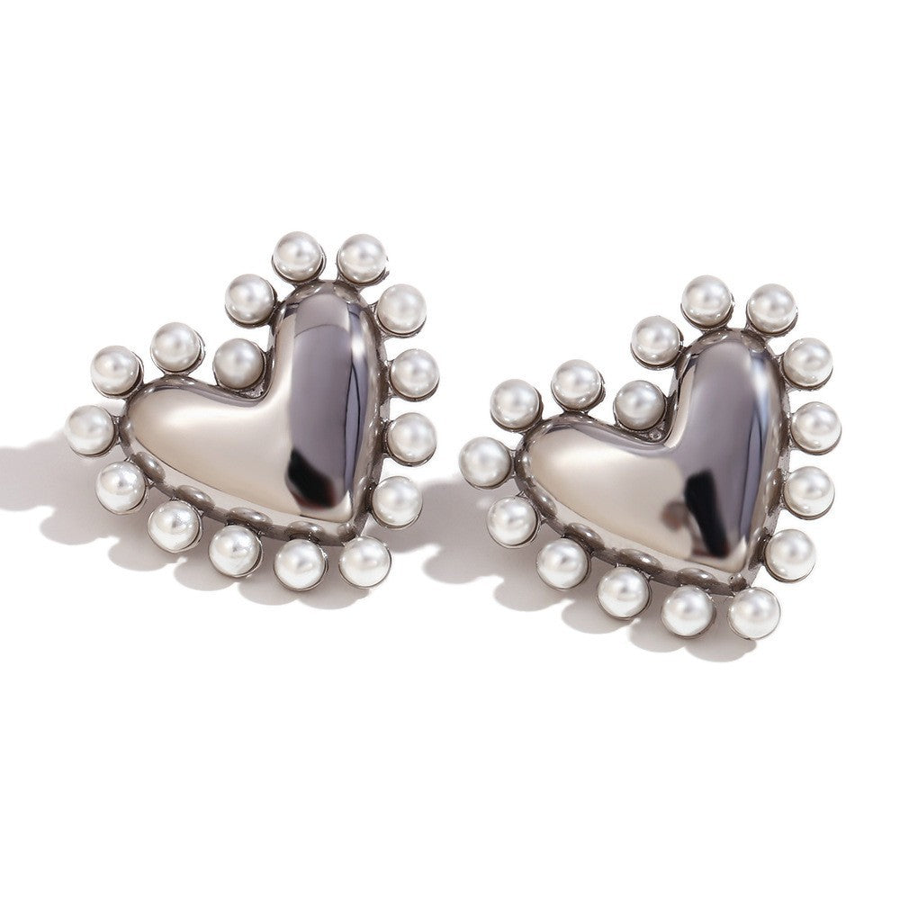 Avni Delicate Pearl Necklace - Outer Circle Pearl Smooth Heart Stud Earring - Steel [2ZGBFGBZ]
