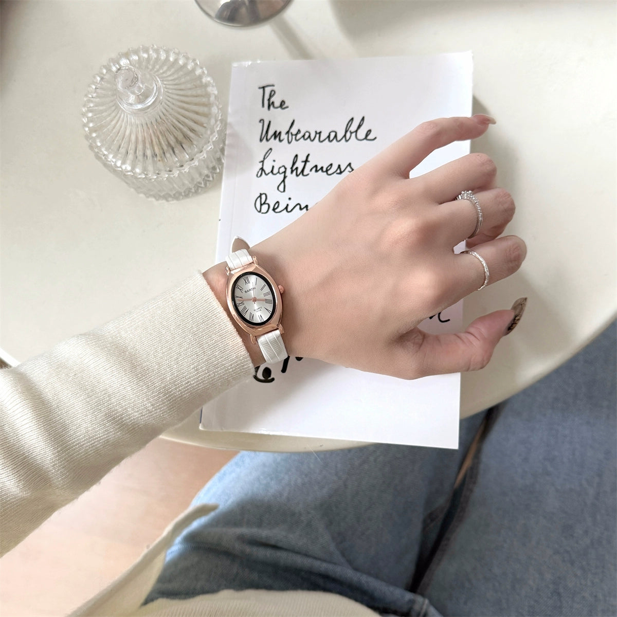 Cataleyah Vintage Oval Watch - White Strap, Rose Gold Frame, White Dial [SDRI8DX9]