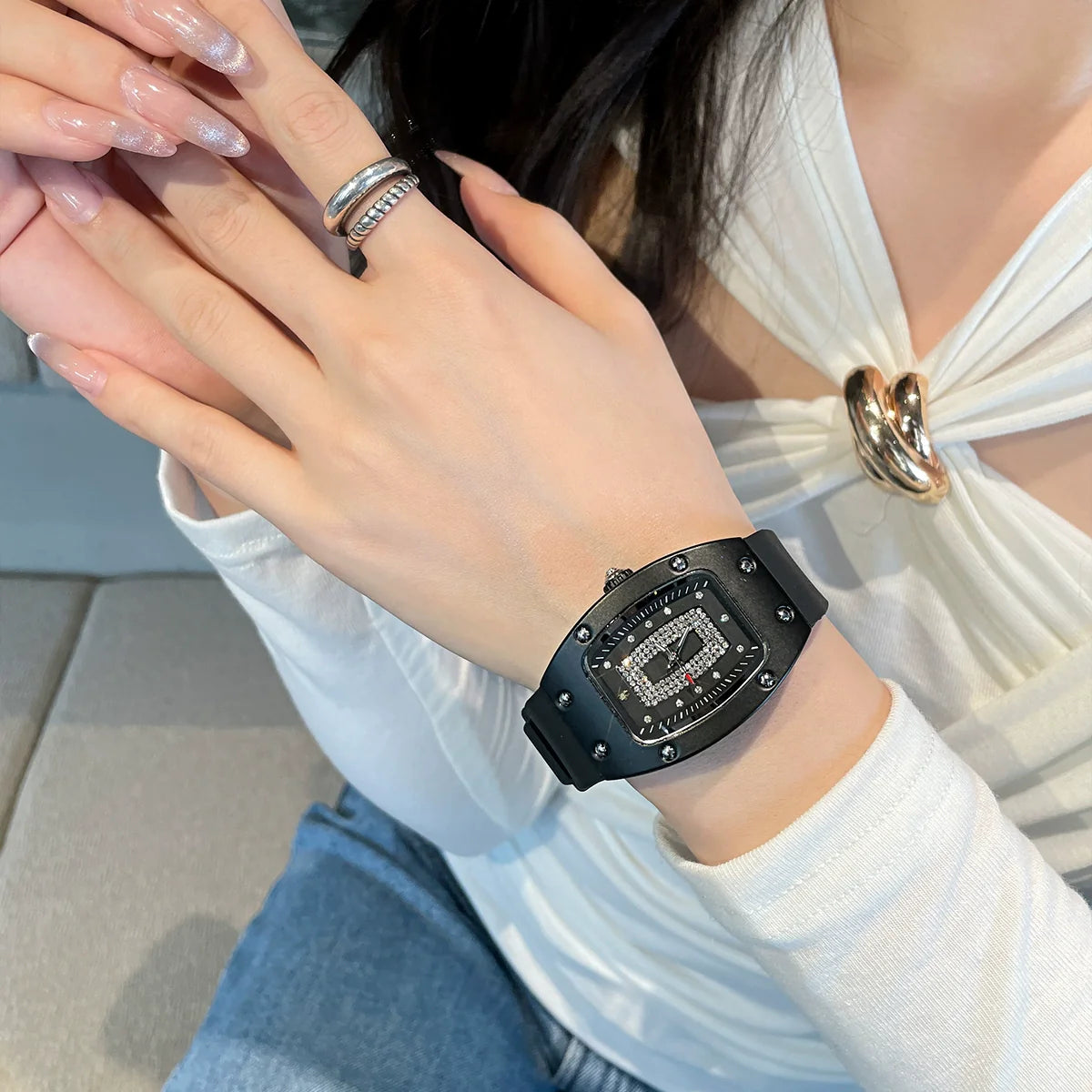 Emryn Crystal Barrel Watch - Black Silver Crystal