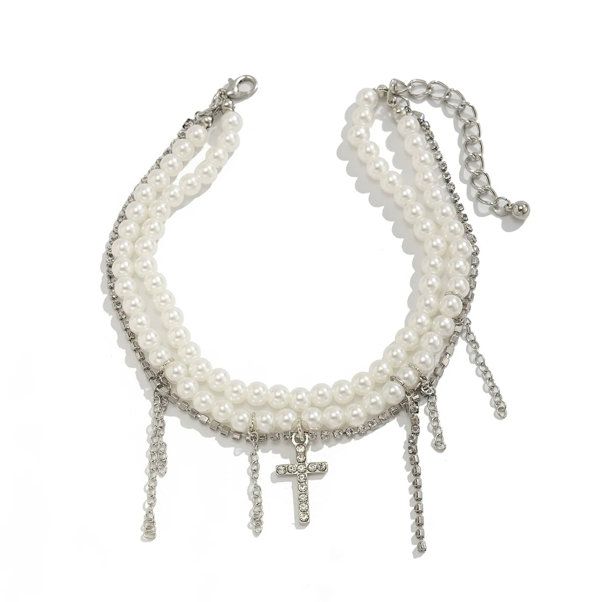 Miraya Cross Pearl Anklet - Silver