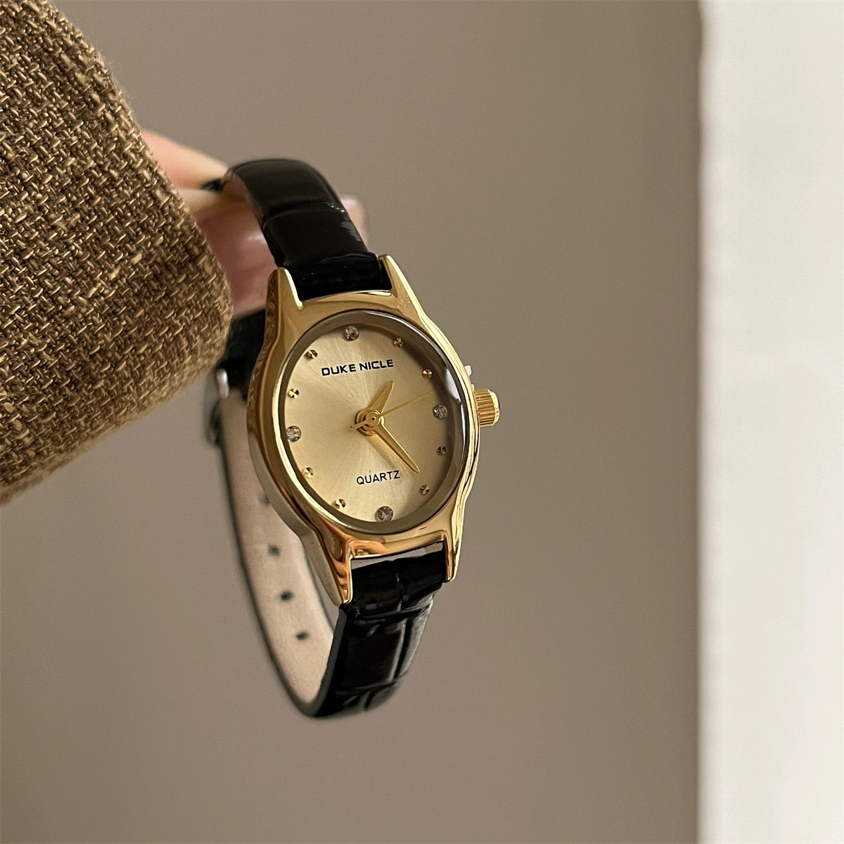Rowyn Elegant Oval Watch - Black Strap Gold Case Gold Dial [7G05AAW3]