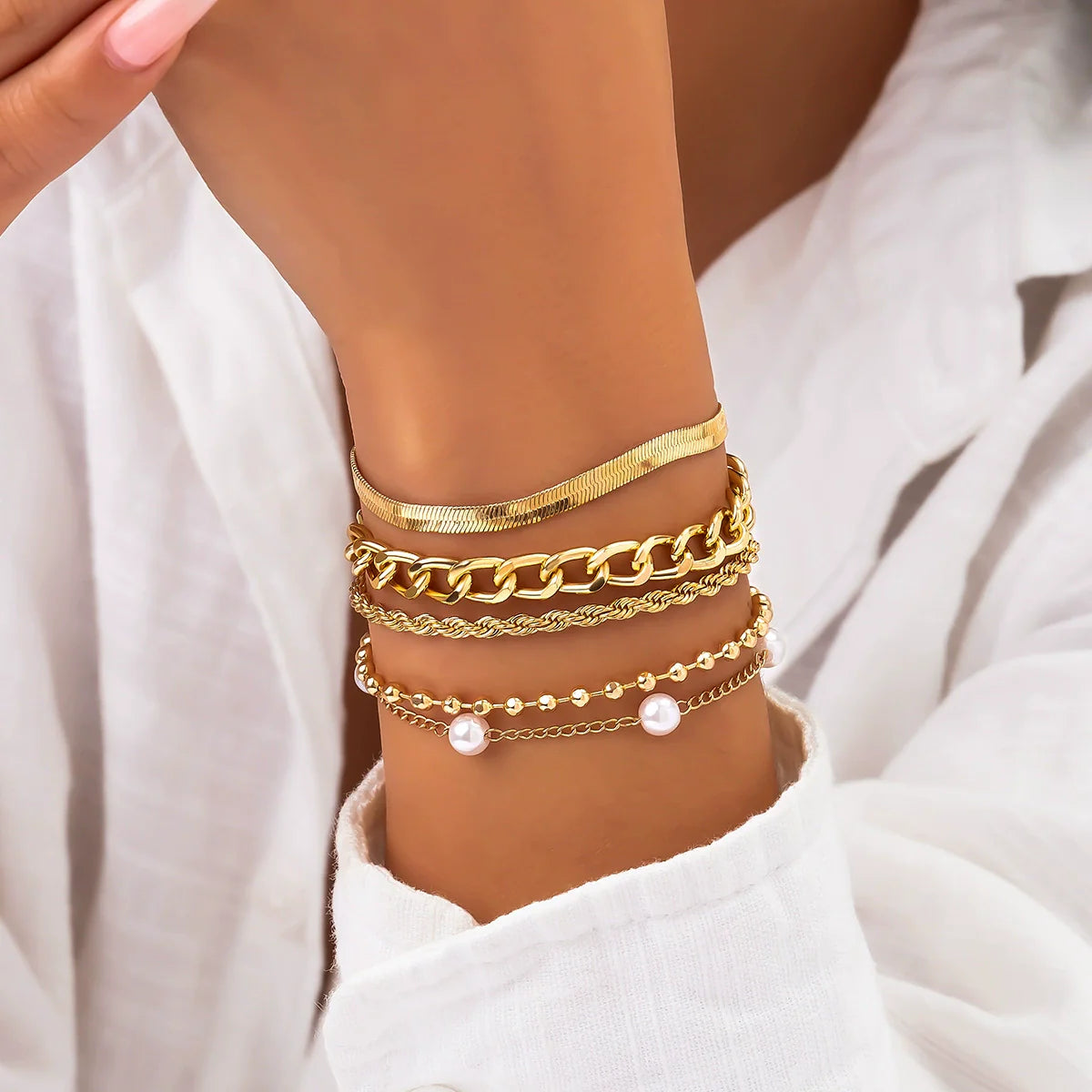 Tylah Layered Pearl Bracelet Set - Gold Set Style Five