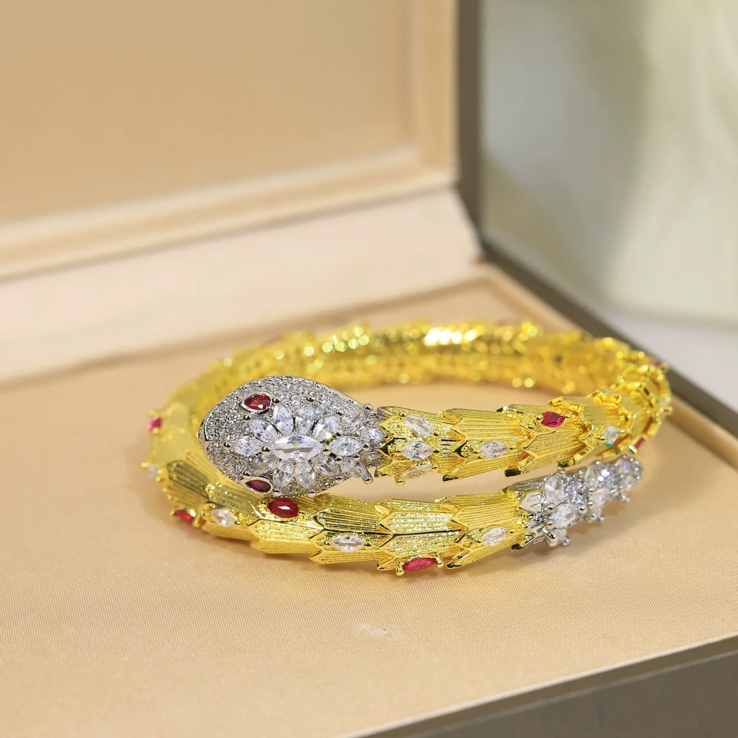 America Diamond Serpent Bracelet - Gold Red Tourmaline