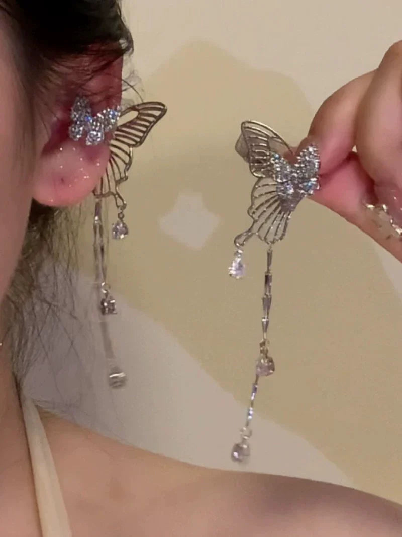 Aryia Sparkle Butterfly Tassel Earring - Sparkling Butterfly Ear Cuff