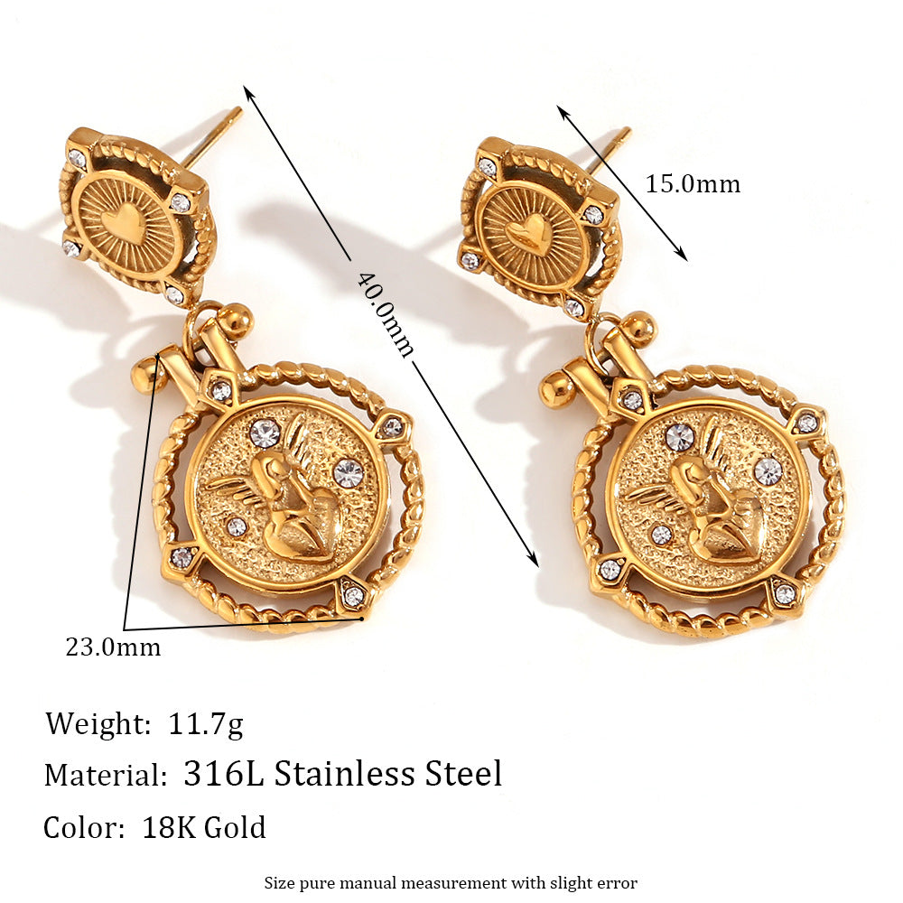 Amberley Hammered Geometric Earrings - Retro Rhinestone Heart Angel Key Coin Link Drop Earrings - Gold [LIQPDVTK]