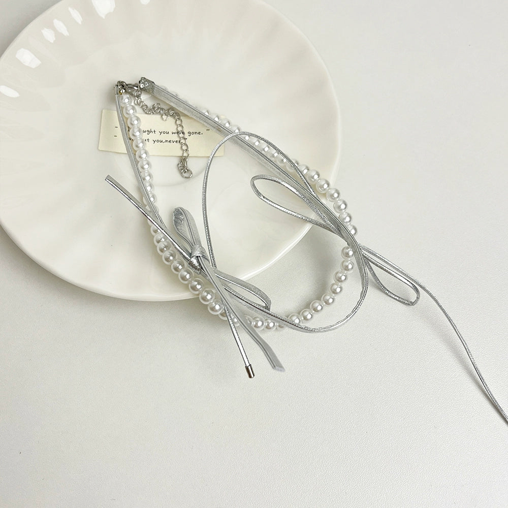 Marah Pearl Bow Necklace - Silver Necklace [37J5DD0T]