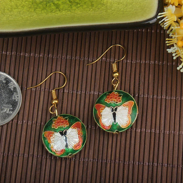 Adia Vintage Enamel Drop Earrings - Green Round Butterfly