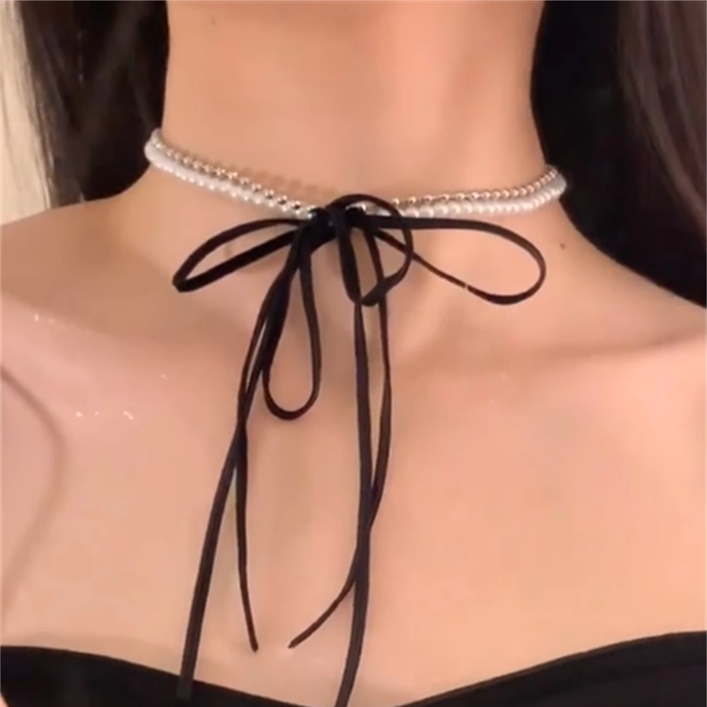 Darianna Pearl Bow Necklace - Black Double Layer
