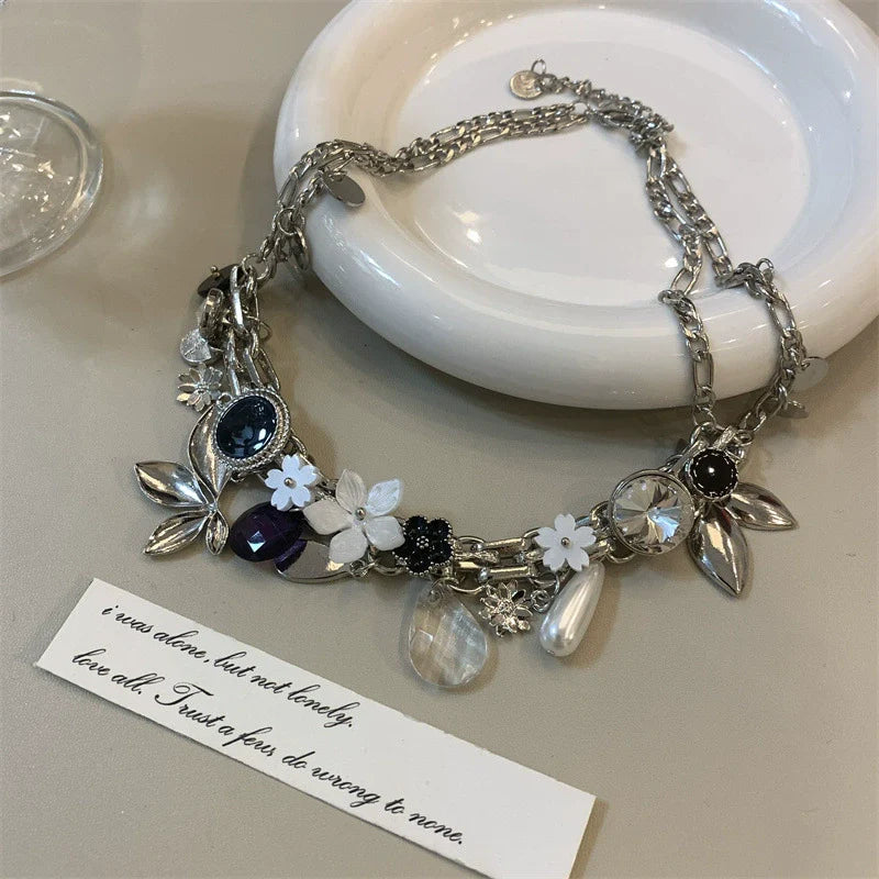Evelyne Floral Pearl Choker - Flower Pearl Crystal Pendant Necklace