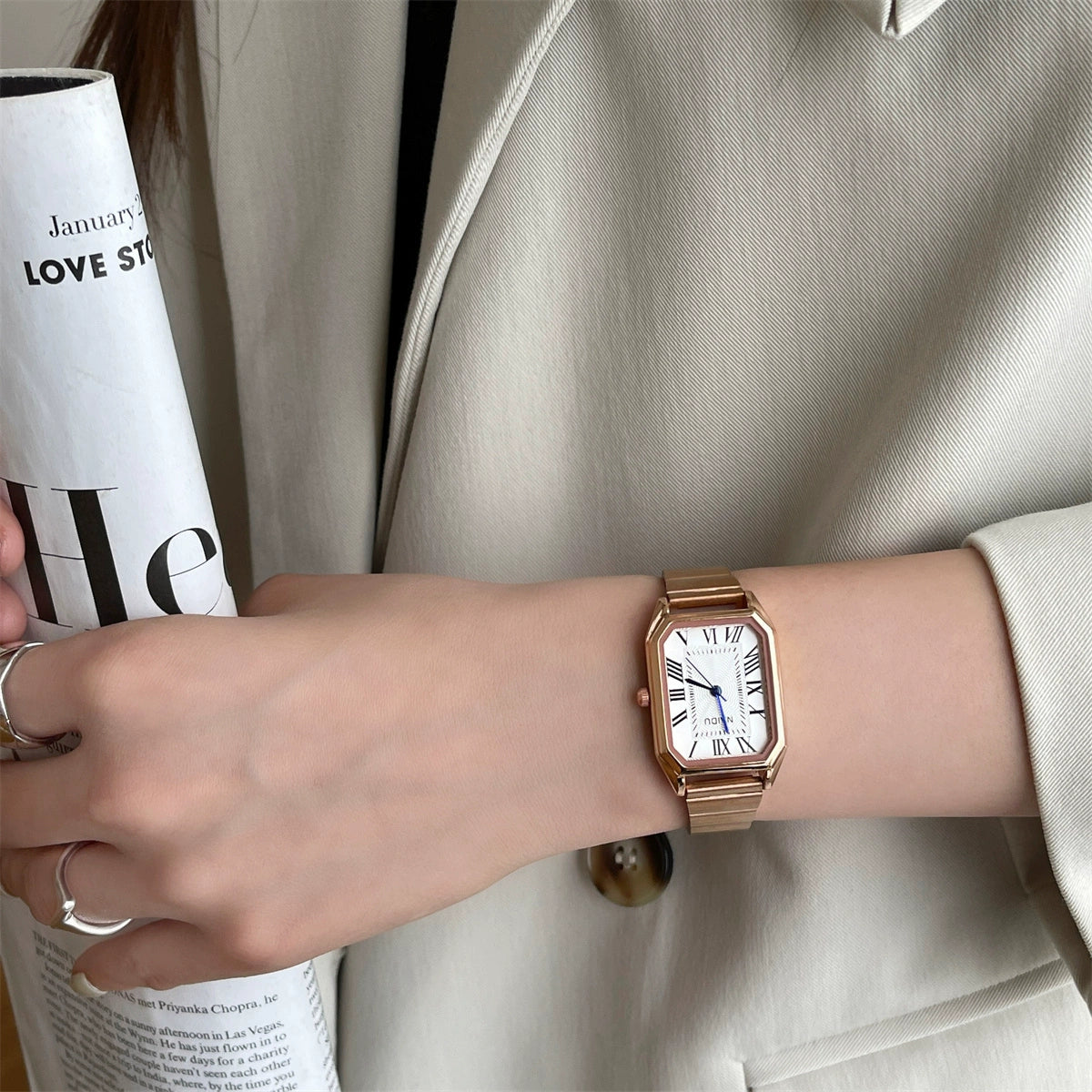 Aashvi Roman Square Watch - Rose Gold Band White Face [J3LKF43Q]