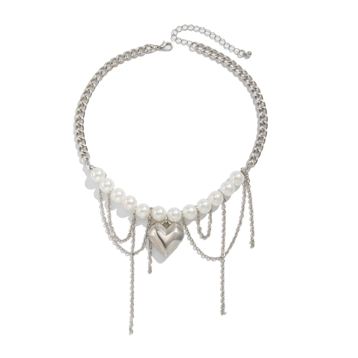 Saniah Pearl Heart Tassel Necklace - Silver