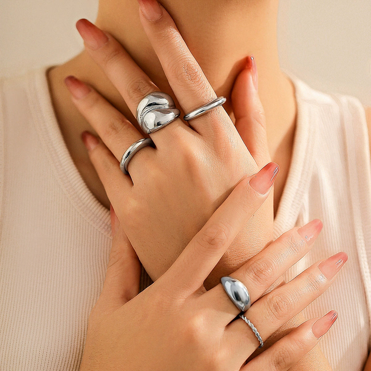 Taishmara Stackable Ring Set - Silver-tone 5-Piece Set (Design 02) [C4CZTMZX]