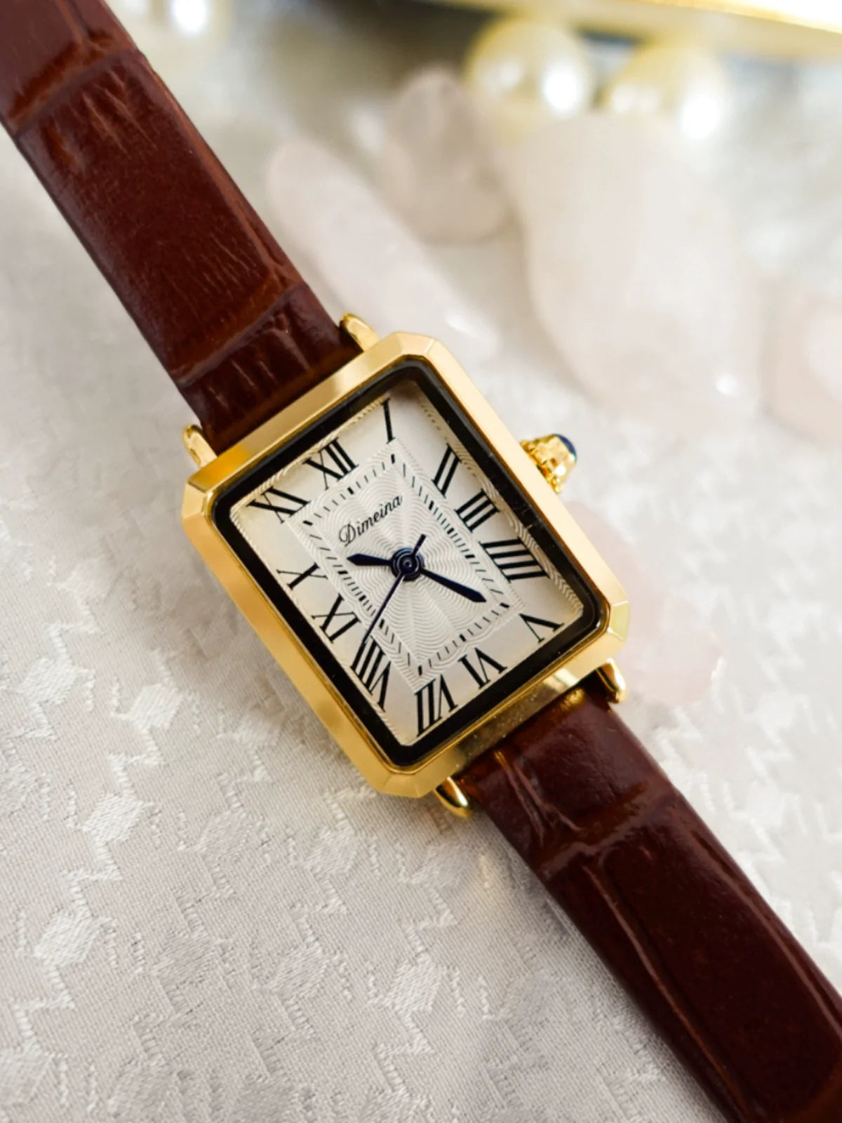 Zoha Roman Numeral Square Watch - Gold Brown Strap