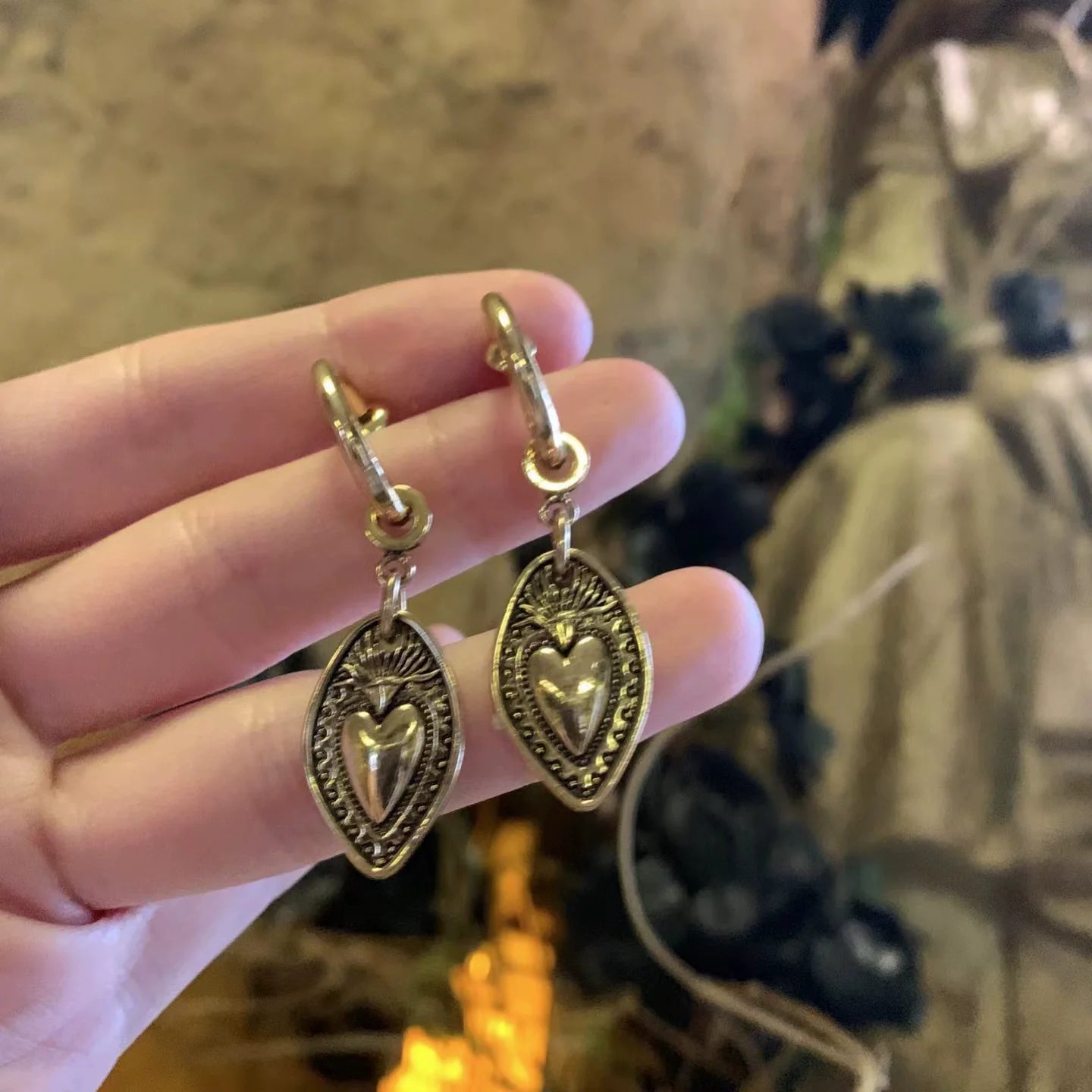 Aerin Vintage Heart Shield Earrings - Distressed Gold Heart Shield Pair