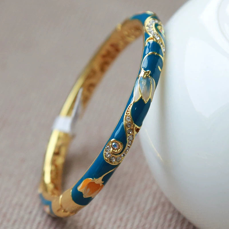 Ellagrace Delicate Lotus Bangle - Peacock Blue (open cuff) [A20Y9284]