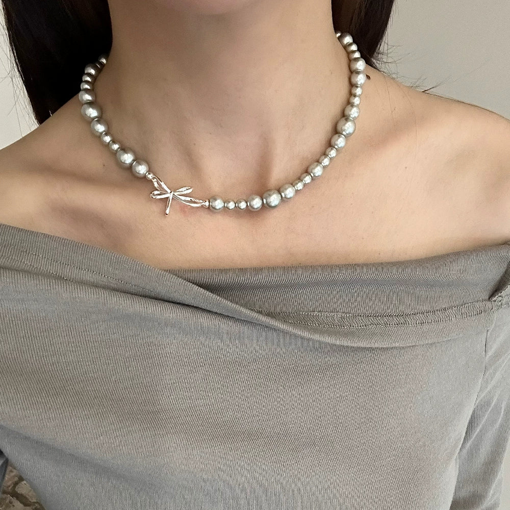 Niyah Bow Pearl Necklace - Gray Pearl Bow Necklace [2Y3P5OF6]