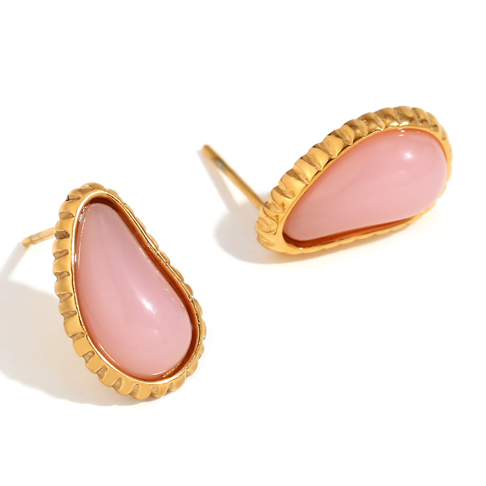 Amberley Hammered Geometric Earrings - Toothed Waterdrop Gemstone Stud Earrings - Gold Pink [PS9AMG66]