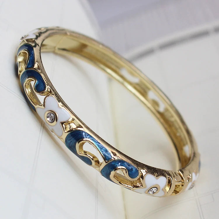 Sunshine Lotus Enamel Bracelet - Peacock Blue Intertwined