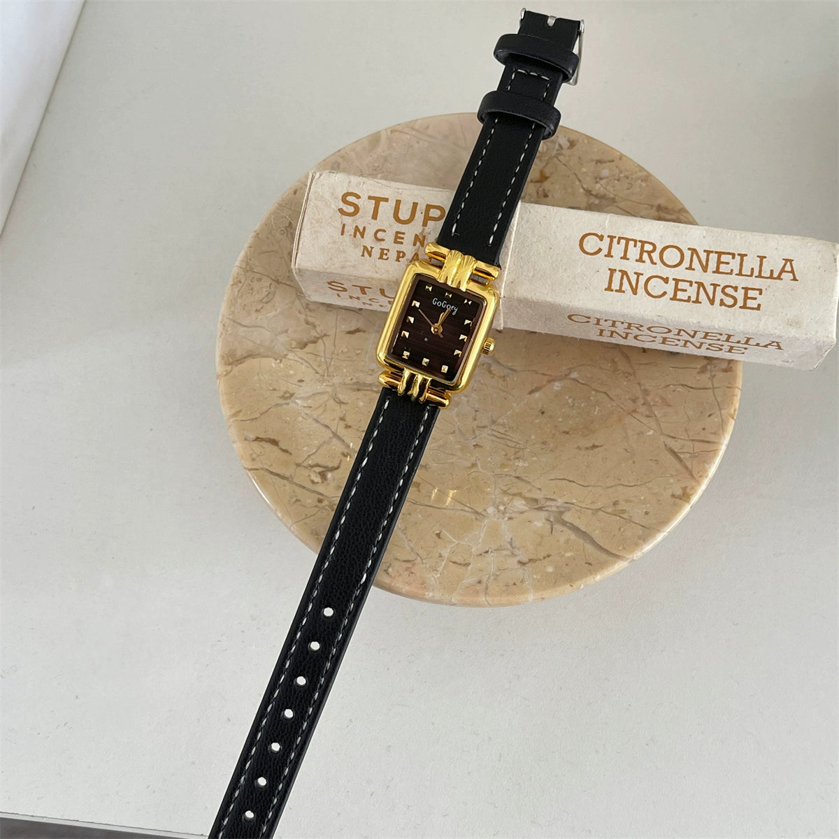 Susanna Vintage Leather Watch - Black Strap, Gold Frame, Black Dial [27YDD2LO]