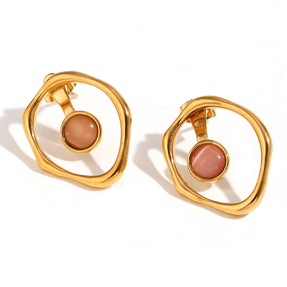 Amberley Hammered Geometric Earrings - Synthetic Stone Front Back Hollow Hoop Stud Earrings - Gold Red [0HH52GFH]