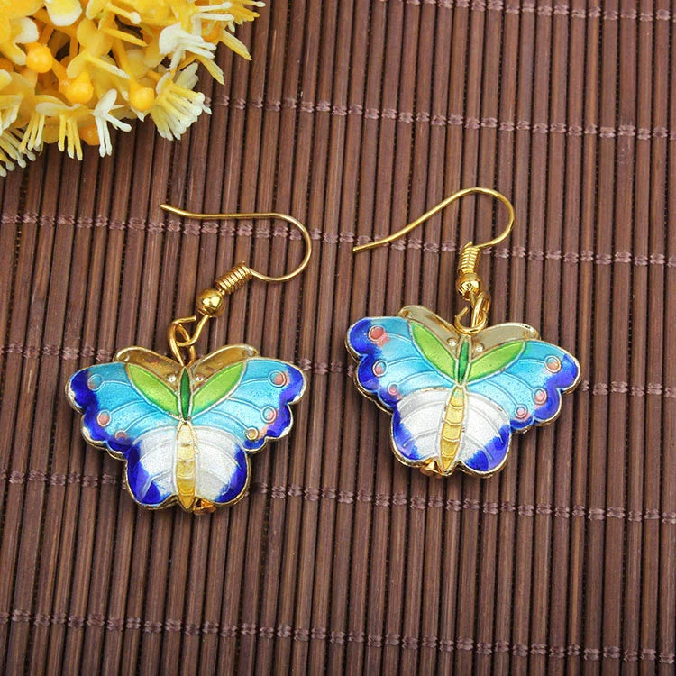 Adia Vintage Enamel Drop Earrings - Royal Blue Edge Butterfly