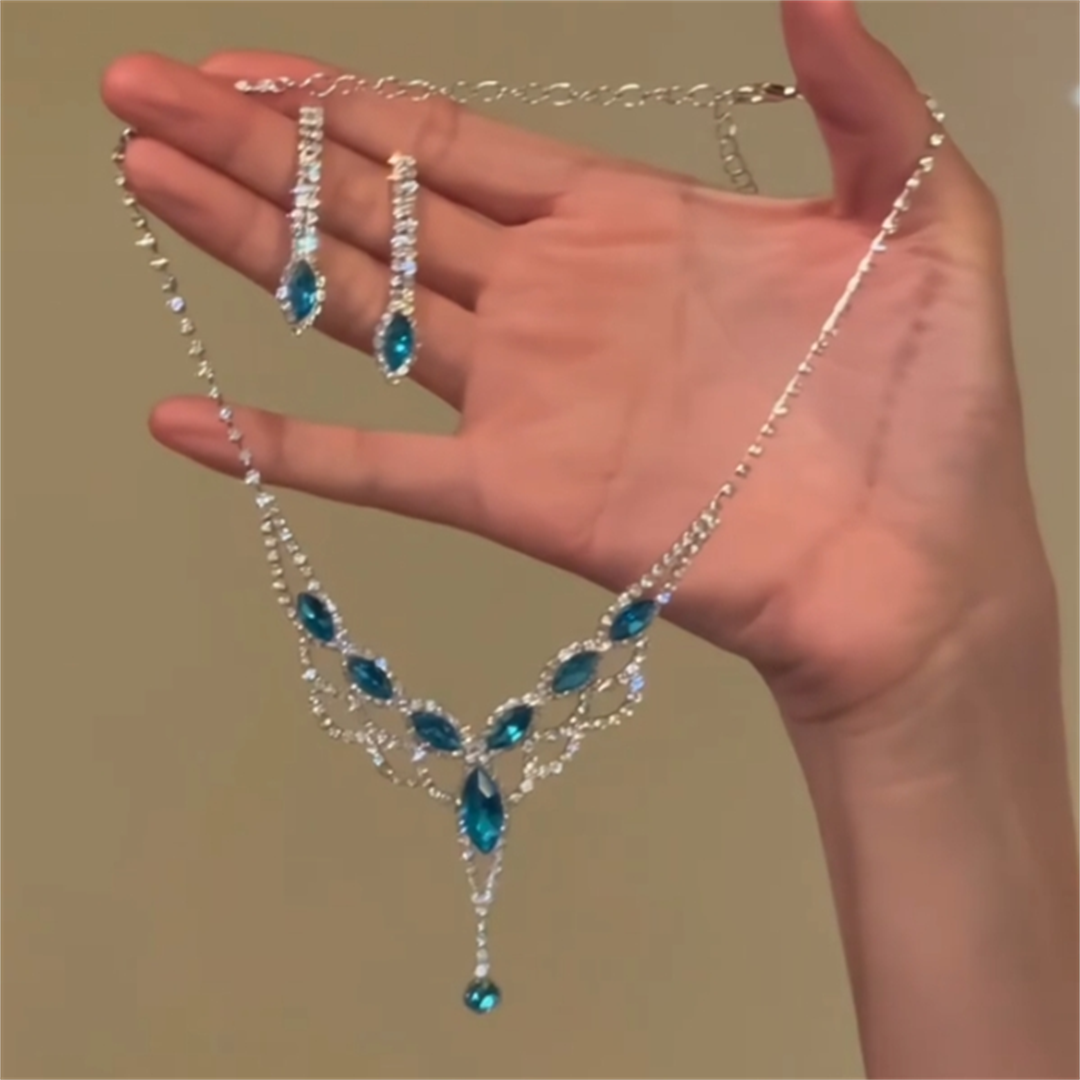 Alianny V-Shape Rhinestone Necklace Set - Necklace + Earrings