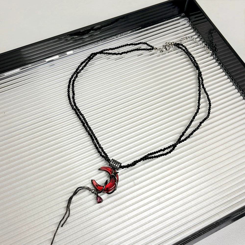 Shalom Red Zircon Crescent Earrings - Crescent Tassel Necklace [YOND38KO]