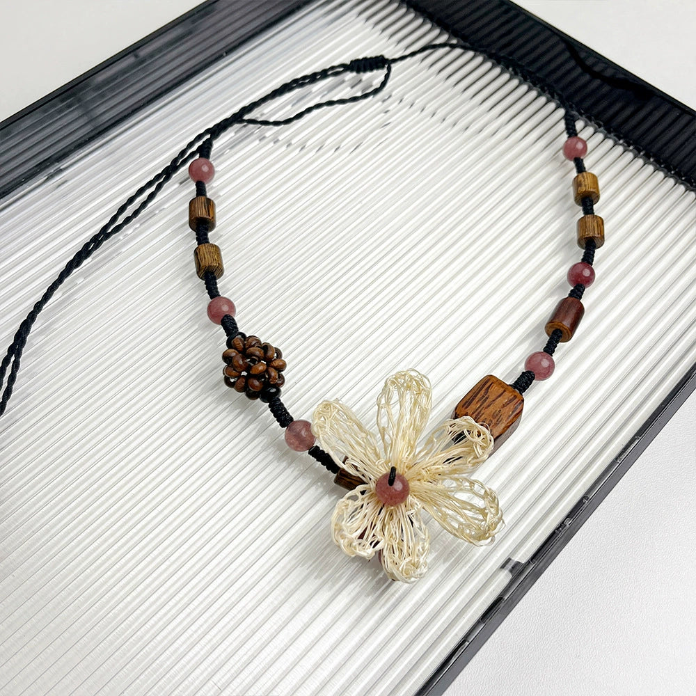 Oluwadarasimi Braided Floral Necklace - Wooden Braided Flower Necklace (90cm Adjustable) [C7RIZXNH]