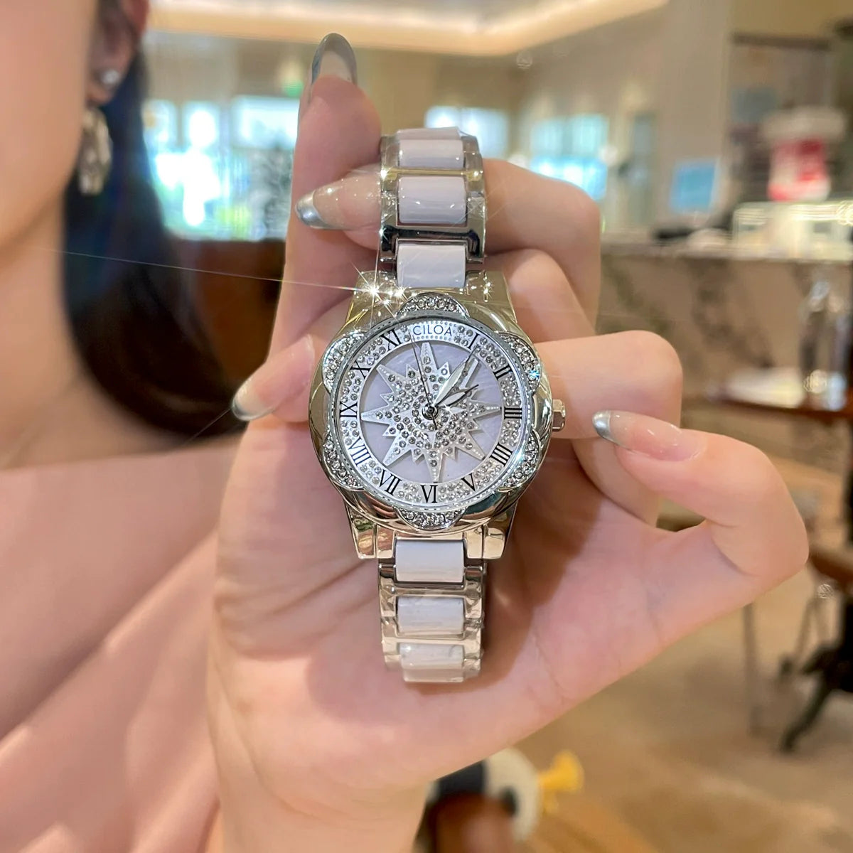 Eastyn Ceramic Rhinestone Watch - White Rotating