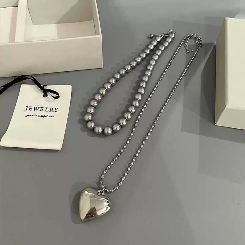 Malaika Pearl Heart Necklace Set - Grey Pearl & Heart Necklace Set [X65G59VX]