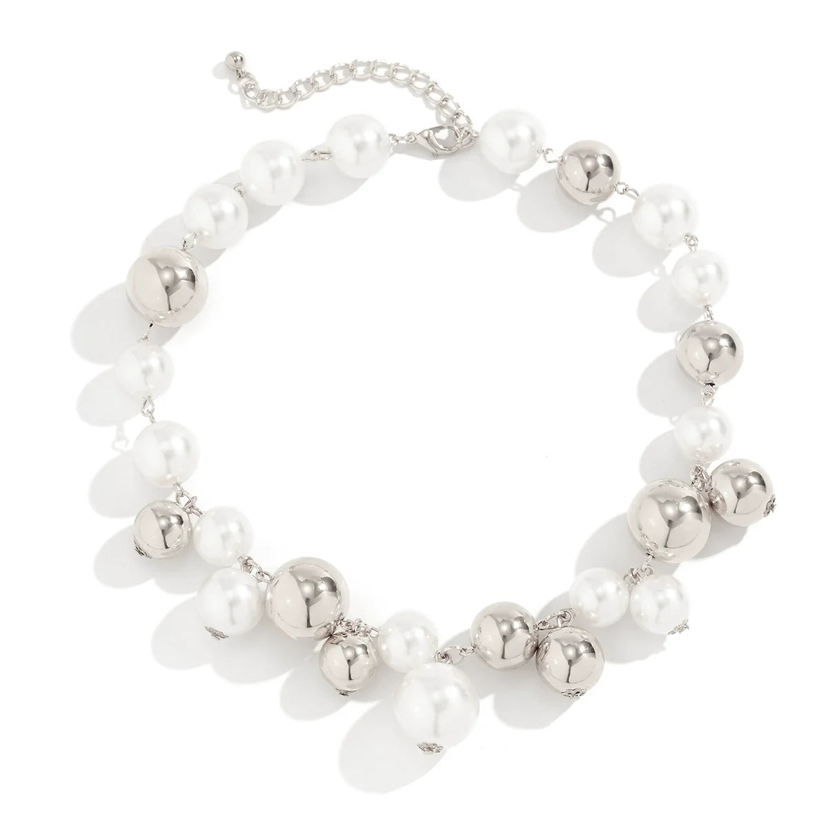 Misty Bold Bead Choker Necklace - CCB/Faux Pearl Silver