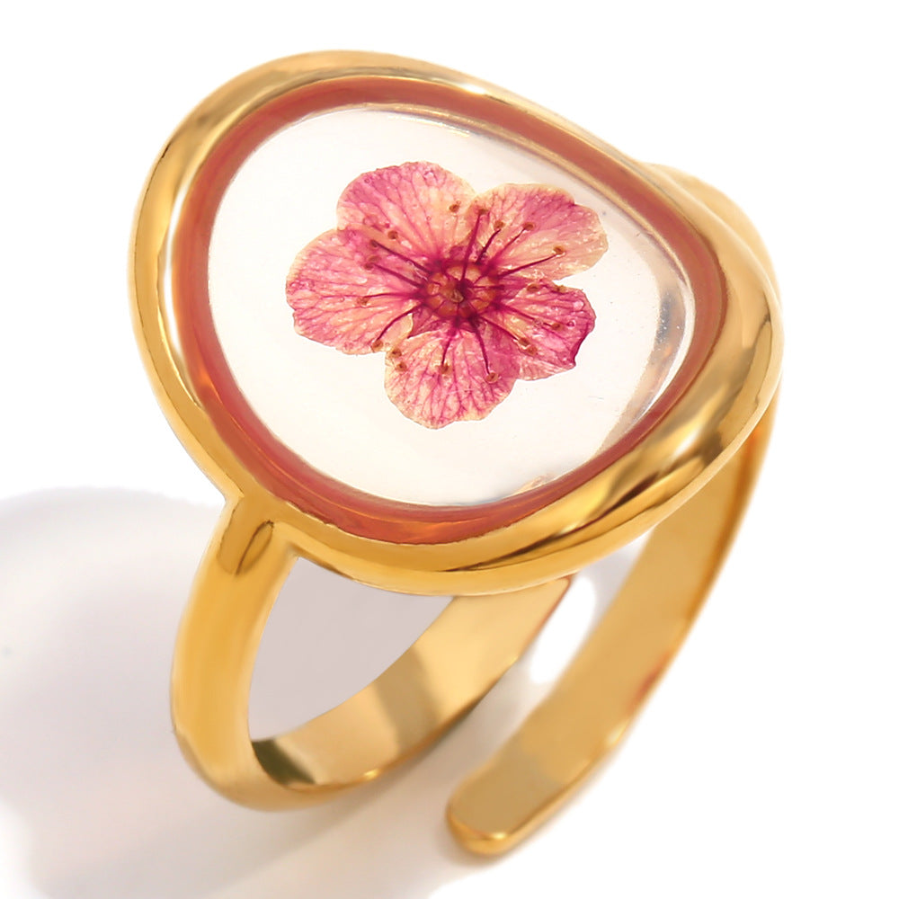 Yadira Bloom Open Ring - Gold Red Dried Flower Round Open Ring [2IIH01R4]
