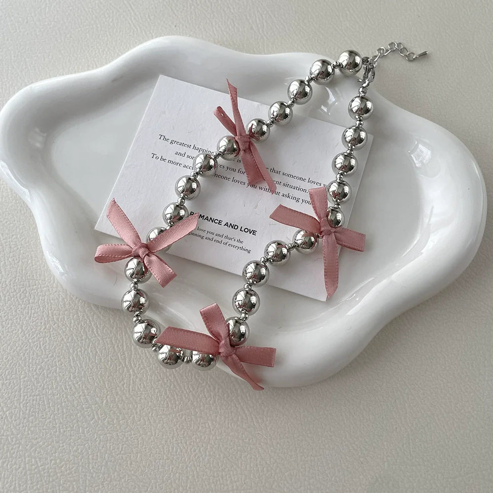 Addaline Ribbon Sphere Choker - Pink Bow Necklace