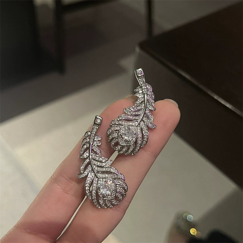 Roman Zircon Feather Earrings - Small Feather Stud Earrings [HKN09JCB]
