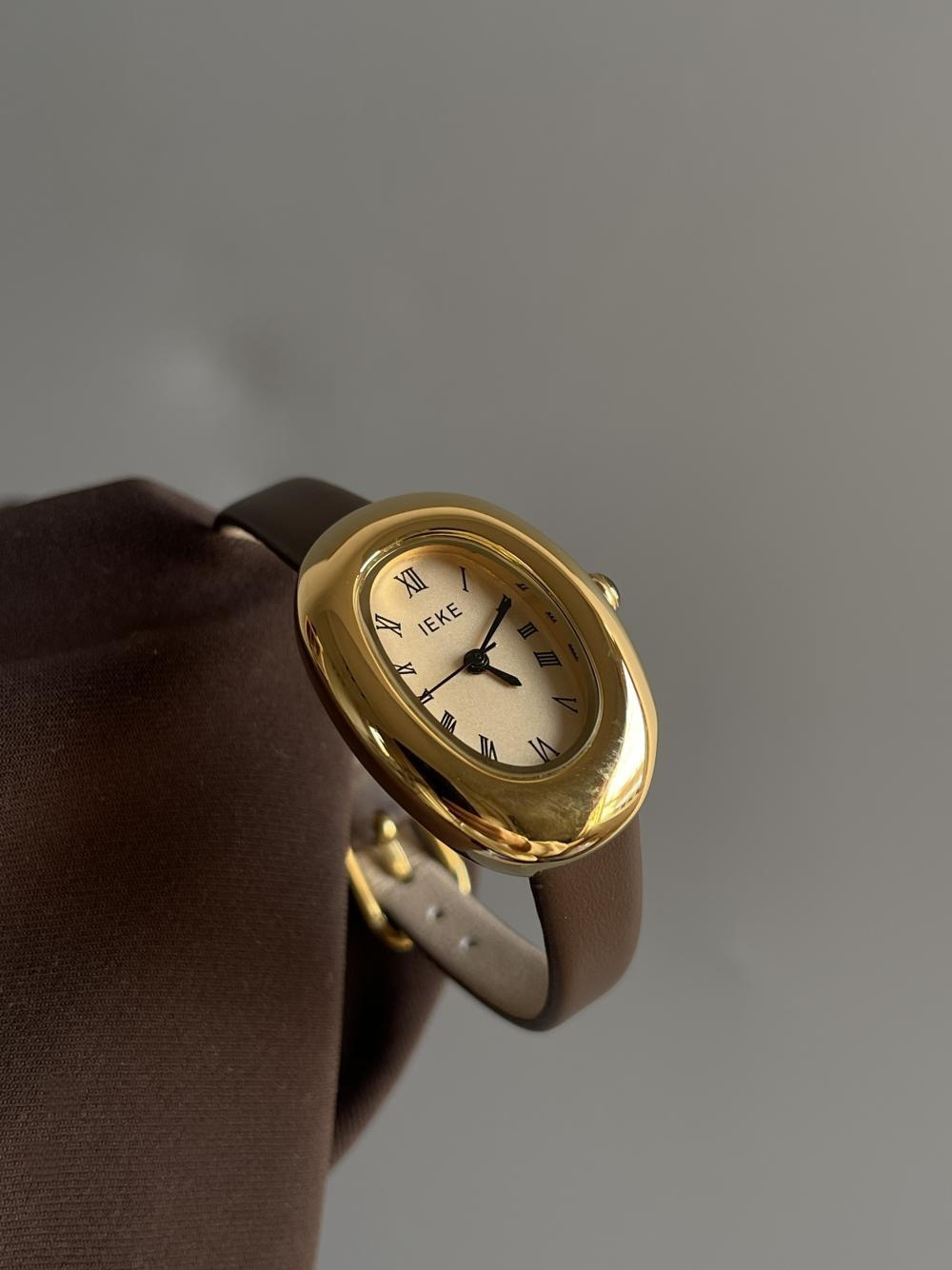 Scarleth Vintage Oval Watch - IEKE723 Dove Egg / Coffee Band Gold Frame Gold Dial [V4QZ89BI]