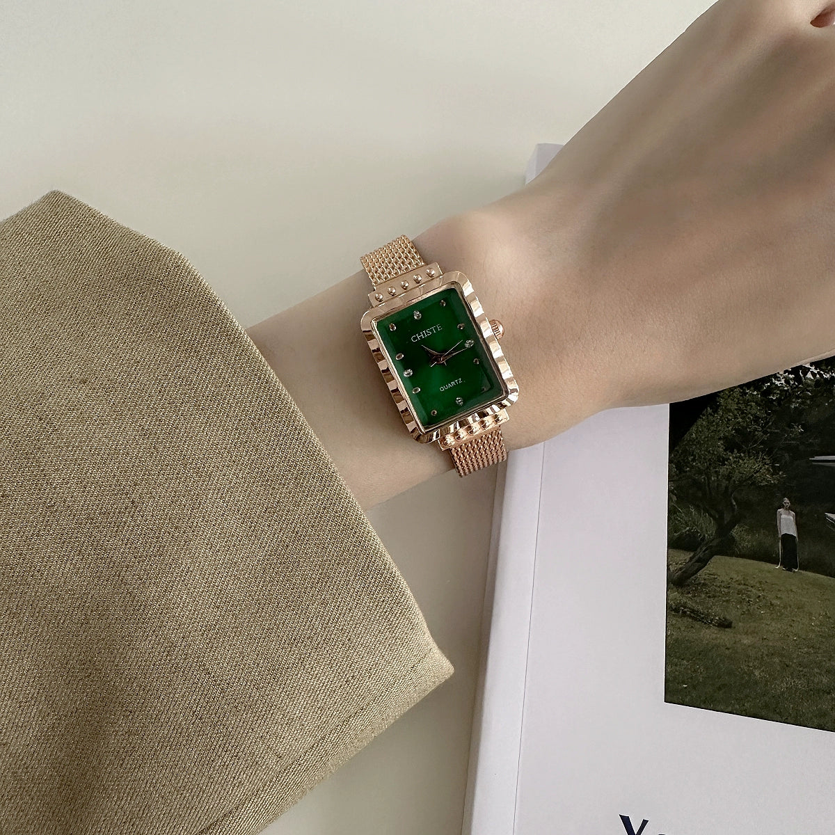 Avarose Elegant Rectangular Watch - Gold Band Green Dial [X60L169H]