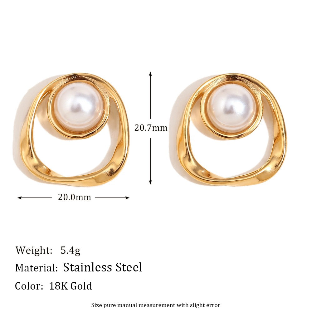 Maira Gold Petal Earrings - Irregular Round Cutout Faux Pearl Studs - Gold [H73IFXCT]