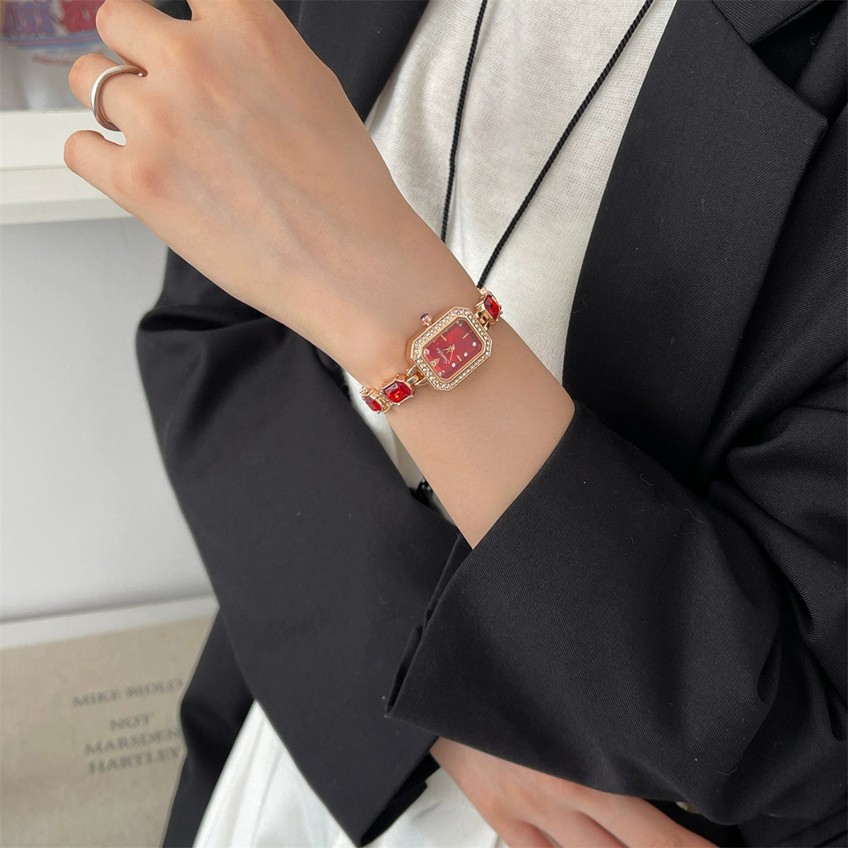 Katie Square Emerald Bracelet Watch - Square Diamond - Red [WUY2QQFD]