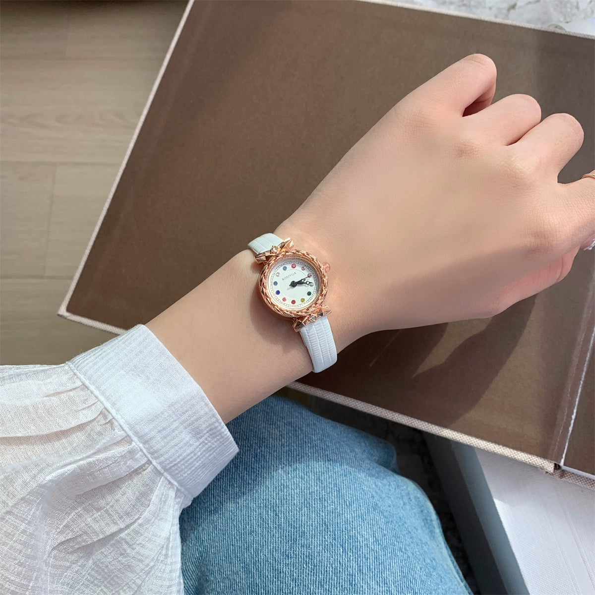 Alyanna Crystal Dainty Watch - White Strap, Rose Gold Case [B3F7JX3J]
